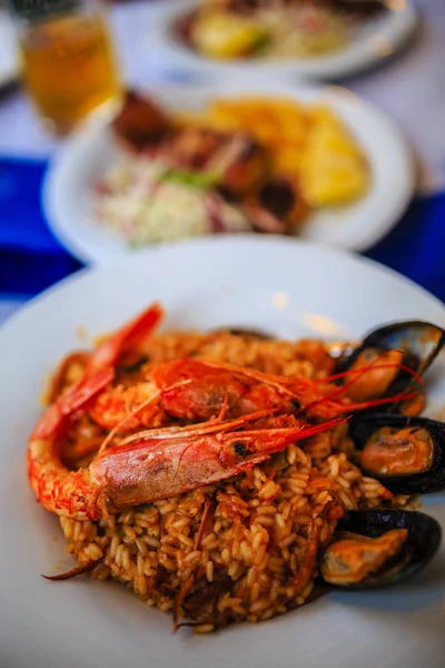 Seafood with rice in white plate — Stock Photo, Image