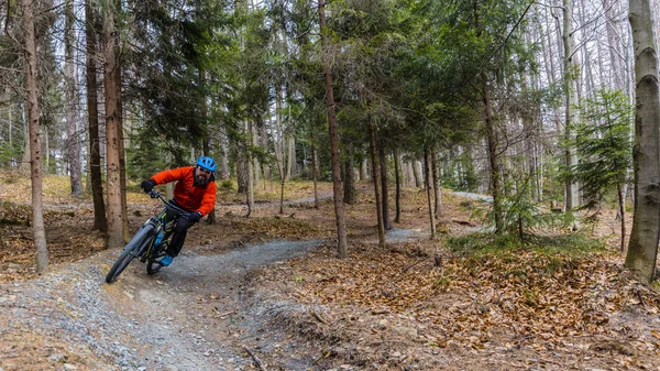 Mountainbike-cyklist ridning på cykel i tidig vår berg skog l — Stockfoto