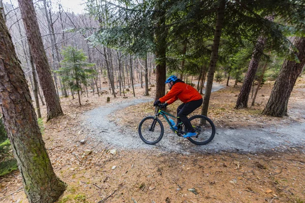 Mountain biker riding on bike in early spring mountains forest l — Stock Photo, Image