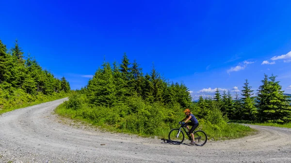 Bicicleta de montaña mujeres montar en bicicleta en las montañas de primavera temprana f —  Fotos de Stock