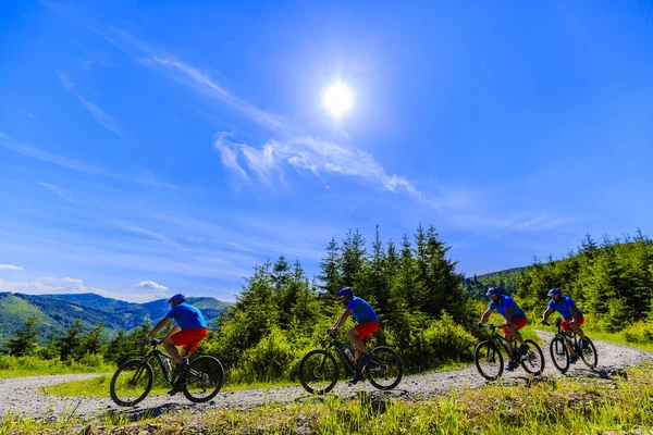 Mountain biker riding on bike in summer mountains forest landsca — Stock Photo, Image