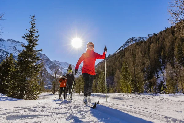 家庭组的跨国家滑雪者在一个阳光灿烂的冬天早晨上 — 图库照片