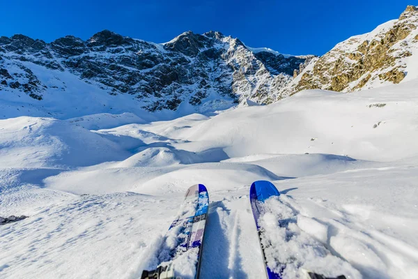 Skieen in winterseizoen, bergen en ski touring backcountry equi — Stockfoto