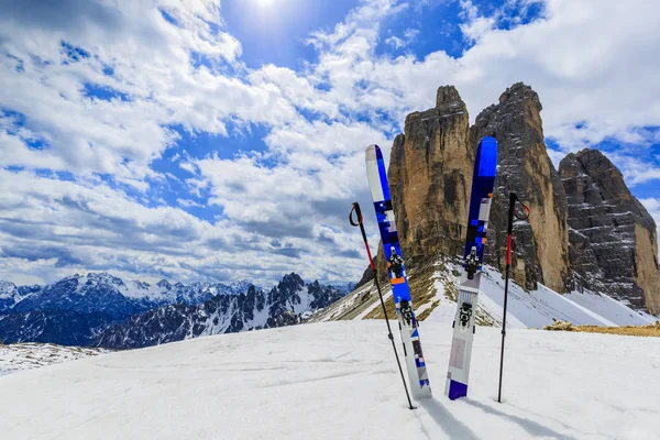 Mountaineer backcountry ski equipment in spring snow. — Stock Photo, Image