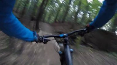 Sonbahar dağ orman manzara içinde Bisiklete binme. Adam Bisiklete binme Mtb enduro akışı iz parça. Açık spor aktivitesi.