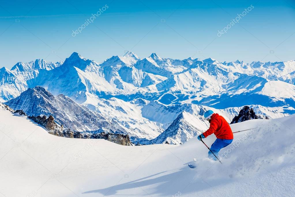 Skiing Vallee Blanche Chamonix with amazing panorama of Grandes 