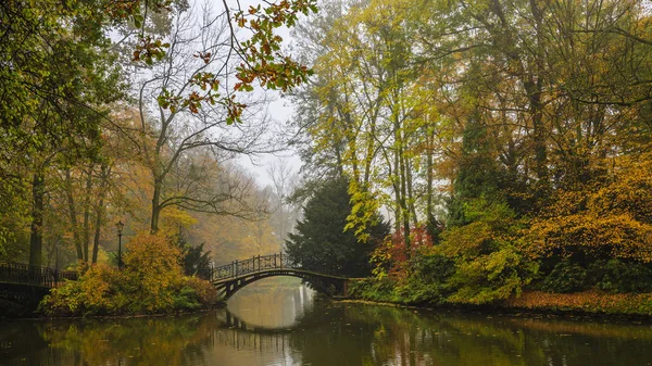 Scenic view of misty autumn landscape with beautiful old bridge — Stock Photo, Image