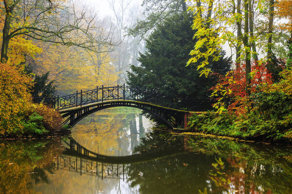 Scenic view of misty autumn landscape with beautiful old bridge 