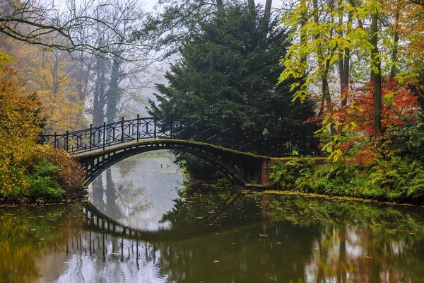 Vue panoramique du paysage d'automne brumeux avec beau vieux pont — Photo