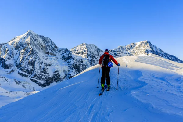 Narciarski skitur Góral chodząc po zaśnieżonych grzbiecie z — Zdjęcie stockowe