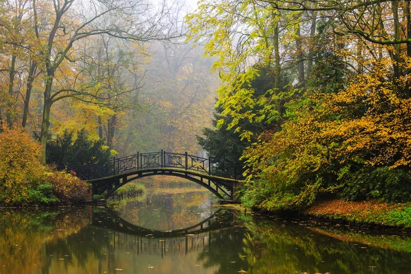 Scenic view of misty autumn landscape with beautiful old bridge 