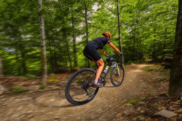 夏の山の森で自転車に乗って山自転車に乗る女性 — ストック写真