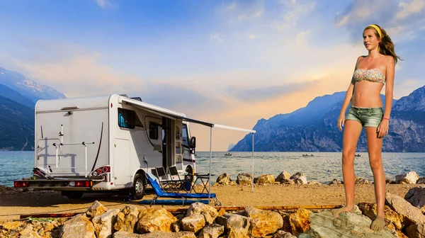 Europe Travel Attractive Tourist Girl Camping Ground Camper Italian Summer — Stock Photo, Image