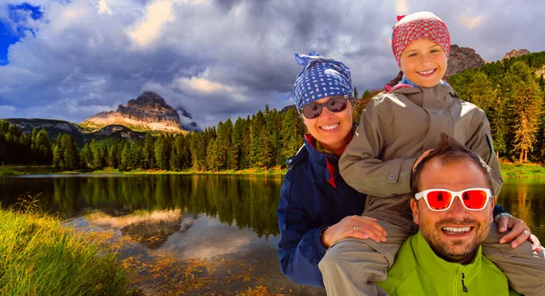 Happy Family Teenager Taking Rest Tee Brake Trekking Day Dolomites — Stock Photo, Image