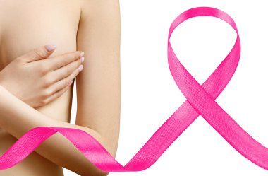 Young woman covers her breast near big pink ribbon. clipart