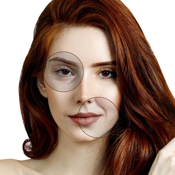 Zoom circulo muestra de piel envejecida de mujer pelirroja antes y después del rejuvenecimiento . —  Fotos de Stock
