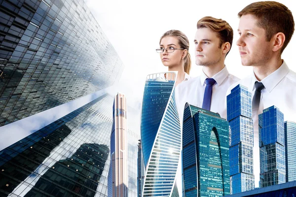 Double exposure of business people and cityscape background. — Stock Photo, Image