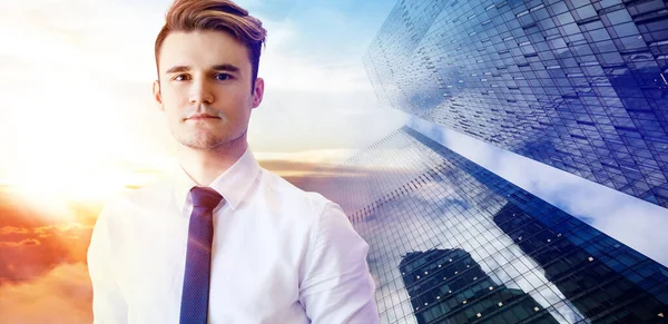 Double exposure of businessman and cityscape background. — Stock Photo, Image