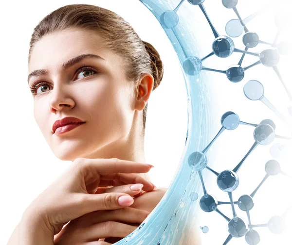 Redhead woman among blue glass molecules and water wave. — Stock Photo, Image