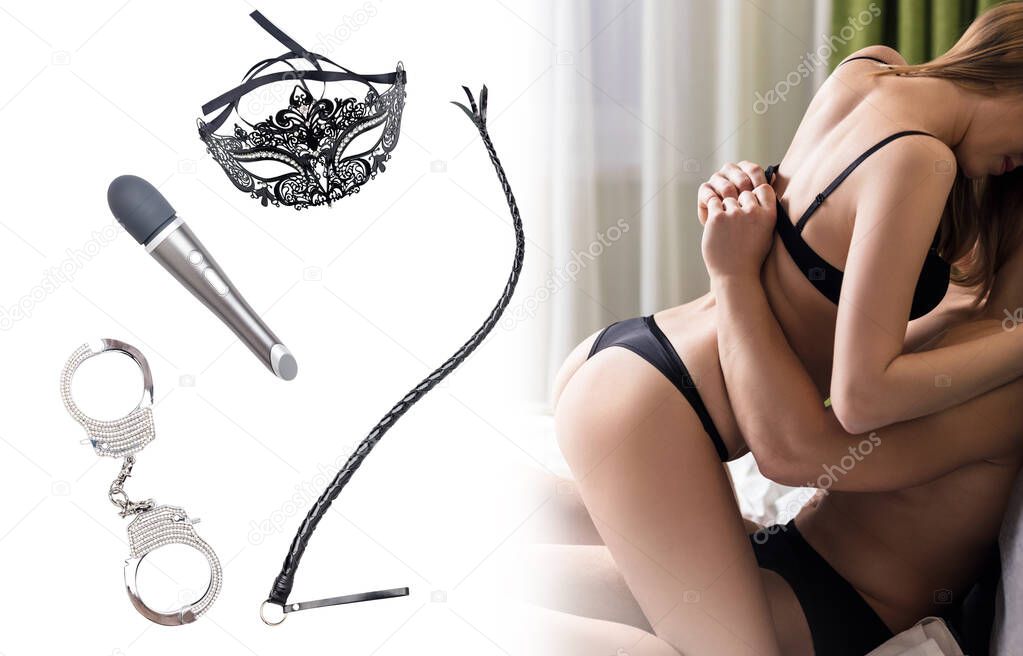 Collage of objects for bdsm sexual plays and sexual couple n bed.