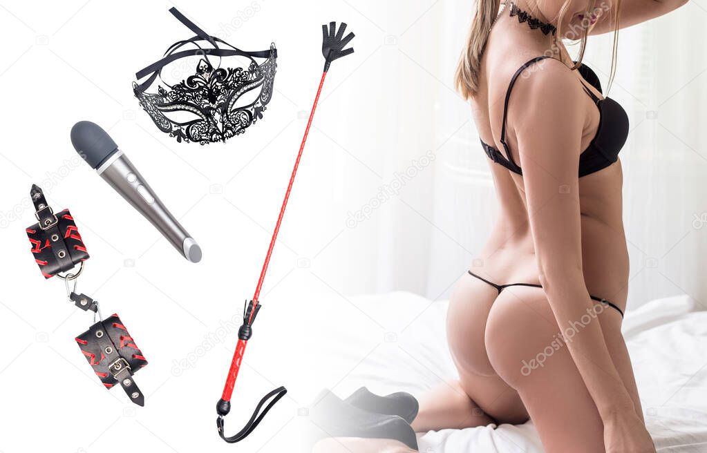 Collage of objects for bdsm sexual plays and sexual woman.
