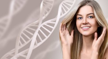 Beyaz DNA zincirleri arasında şehvetli bir kadının portresi.