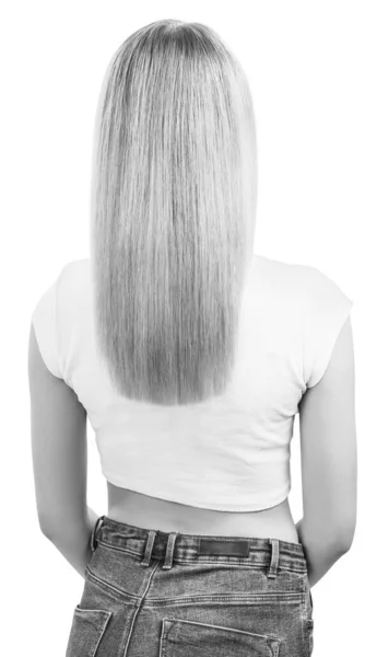 Back view of woman with long blond hair, isolated on white. — Stock Photo, Image