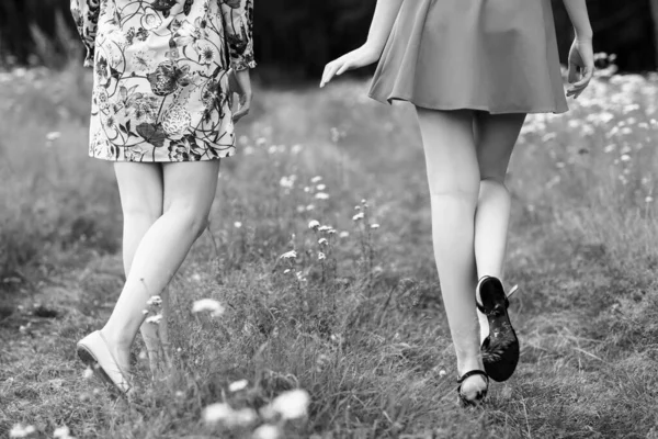 Vue arrière sur les jeunes femmes marchant dans le parc . — Photo