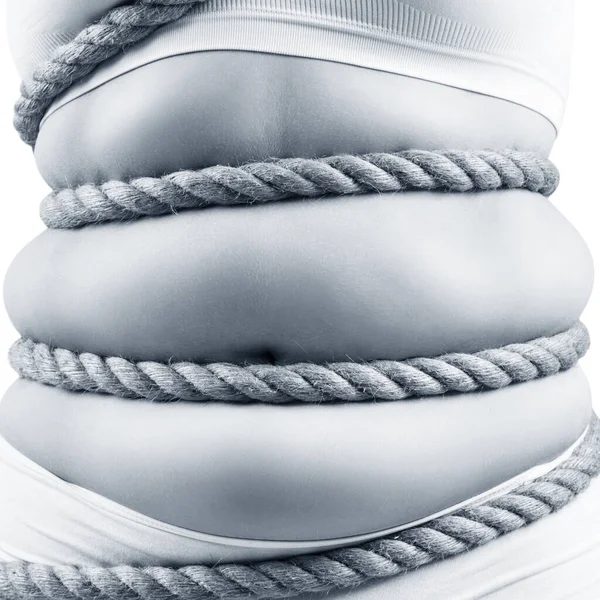 Dicke Frau in weißer Unterwäsche mit Seil umwickelt. — Stockfoto