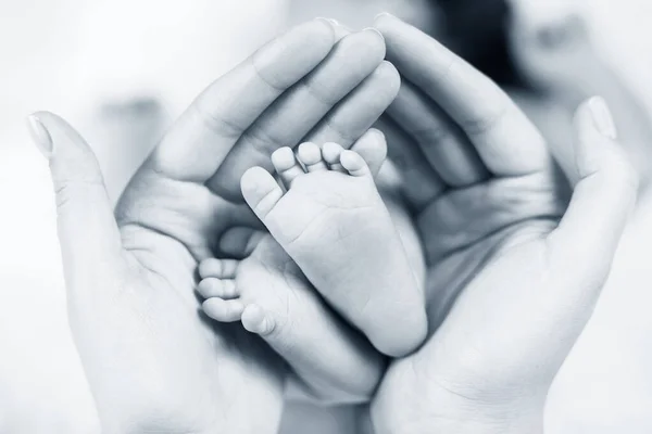 Close-up minúsculos pés de bebê nas mãos . — Fotografia de Stock