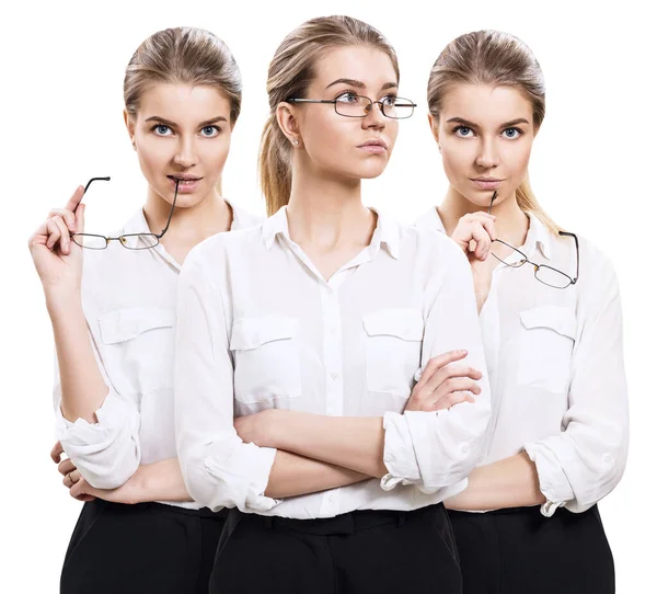 Attractive businesswoman holds glasses in hands. — Stock Photo, Image