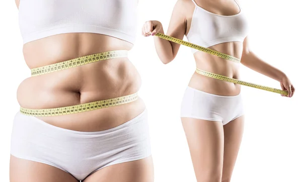 Коллаж женщины до и после диеты и потери веса . — стоковое фото