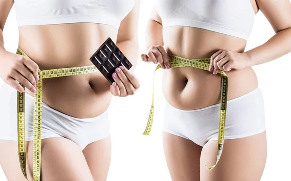 Collage of fat woman with measuring tape holds chocolate bar. — Stock Photo, Image