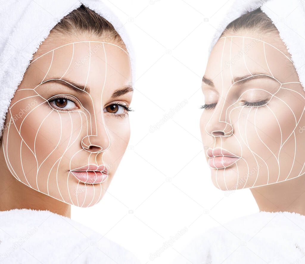 Graphic lines showing facial lifting effect on skin.