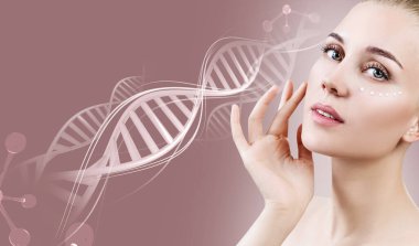 Sensual woman with cream on face in DNA chains. clipart