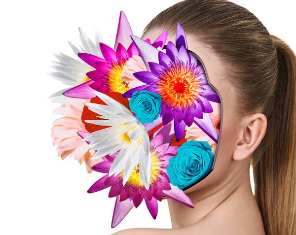 Bouquet of colorful flowers inside young womans face. — ストック写真