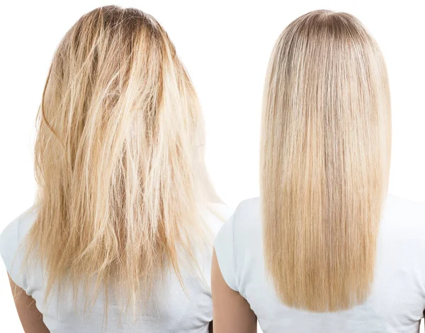 Cabelo loiro antes e depois do tratamento . — Fotografia de Stock