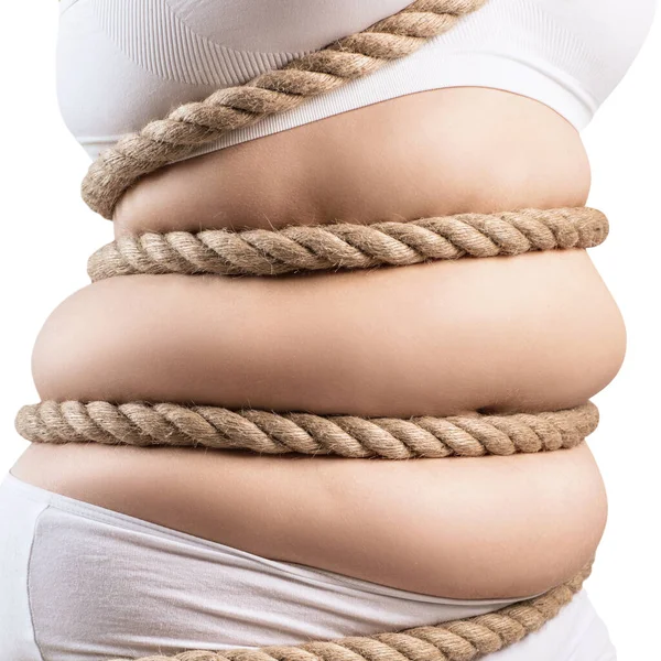 Толстая женщина в белых трусах, скрученная верёвкой . — стоковое фото