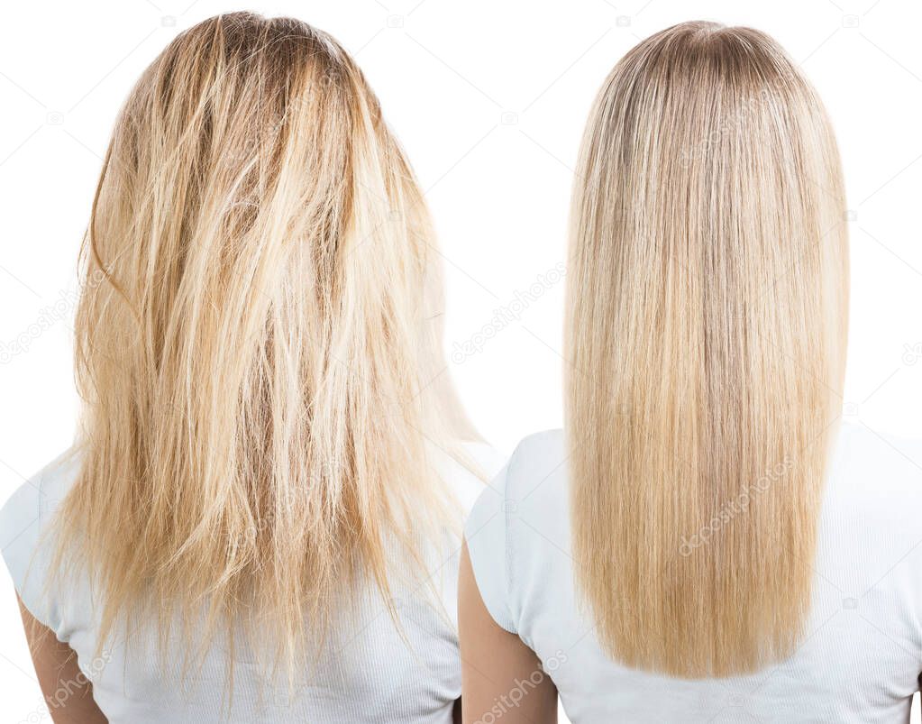 Blonde hair before and after treatment.