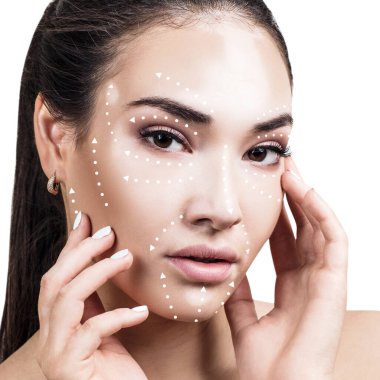 Vitiligo ile kadın yüzünde masaj çizgileri yönleri gösterir.