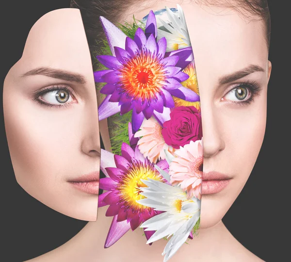 Bouquet di fiori colorati all'interno di giovani donne faccia . — Foto Stock