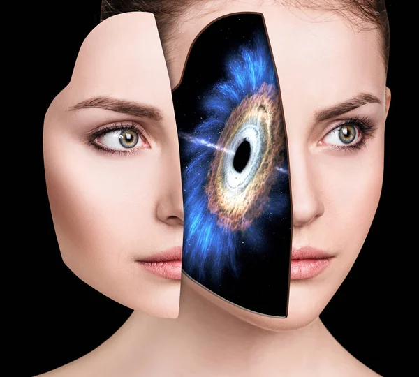 Mystical galaxy inside womans head. — Stock Photo, Image