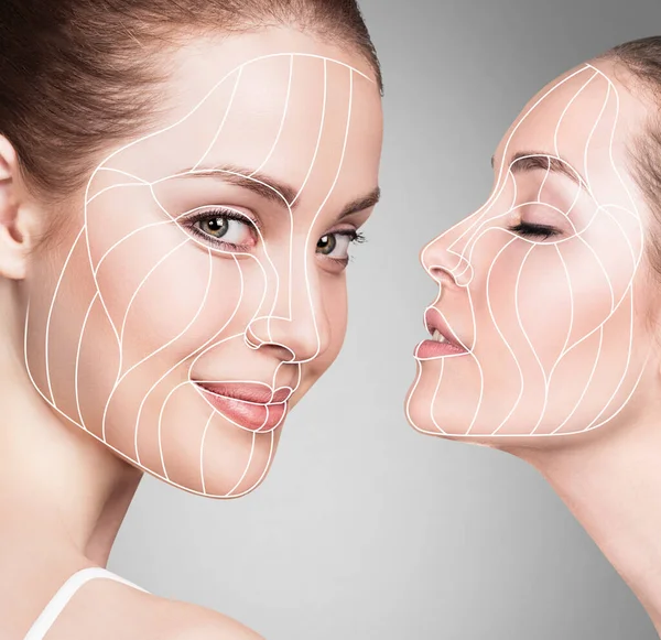 Linhas gráficas mostrando o efeito lifting facial na pele . — Fotografia de Stock