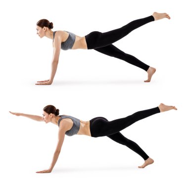 Yoga yapan çekici genç kadın kolajı..