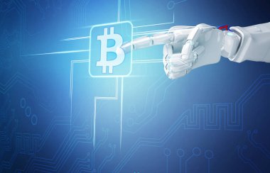 Kripto para birimi dijital simge 3D oluşturma üzerinde robot el noktası