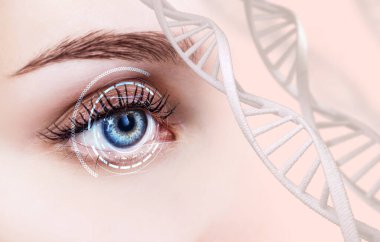 Dijital çemberli ve DNA zincirli soyut göz.