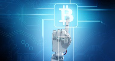 Kripto para birimi dijital simge 3D oluşturma üzerinde robot el noktası