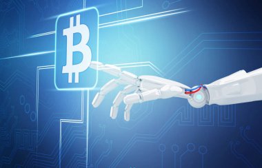 Kripto para birimi dijital simge 3D oluşturma üzerinde robot el noktası