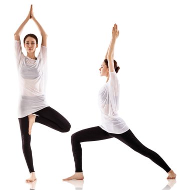Yoga yapan genç kadın kolajı..