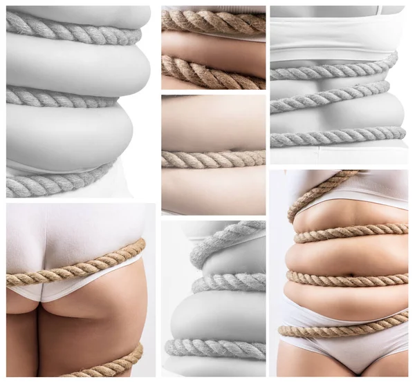 Collage einer dicken Frau in weißer Unterwäsche, die mit einem Seil umwickelt ist. — Stockfoto